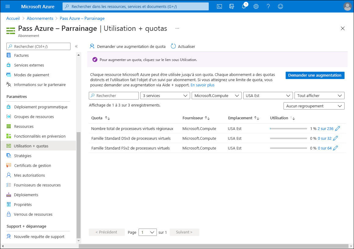 Capture d’écran montrant le volet Utilisation plus quotas dans le portail Azure.