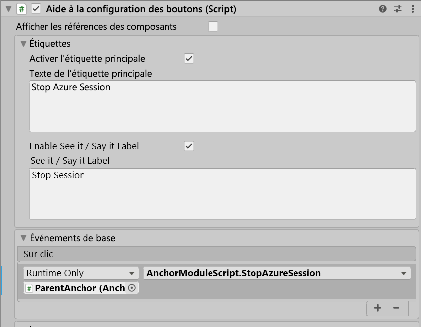 Screenshot of Unity with the StopAzureSession button's OnClick event configured.