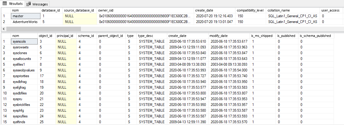 Screenshot of the results for sys.databases and sys.objects.