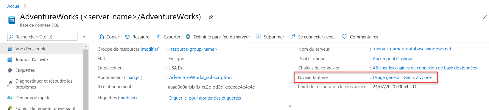 Capture d’écran de la modification du niveau de service dans le portail Azure.