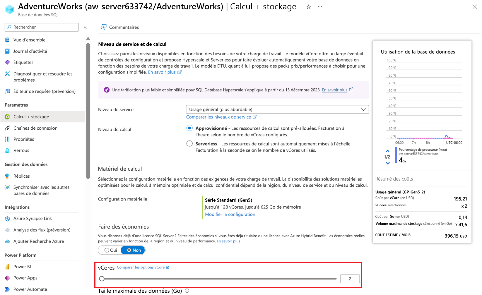 Capture d’écran des options de calcul dans le portail Azure.