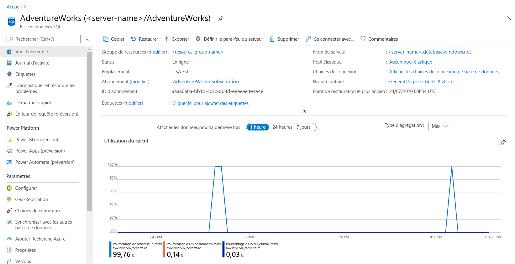 Capture d’écran des comparaisons des calculs dans le portail Azure.