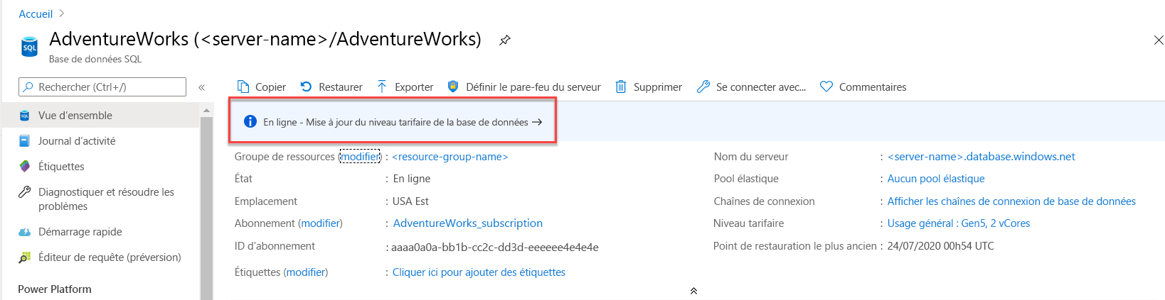 Capture d’écran d’une mise à jour dans le portail Azure.