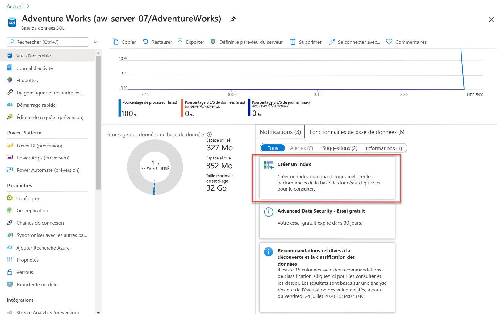 Capture d’écran de la notification de recommandation d’index.