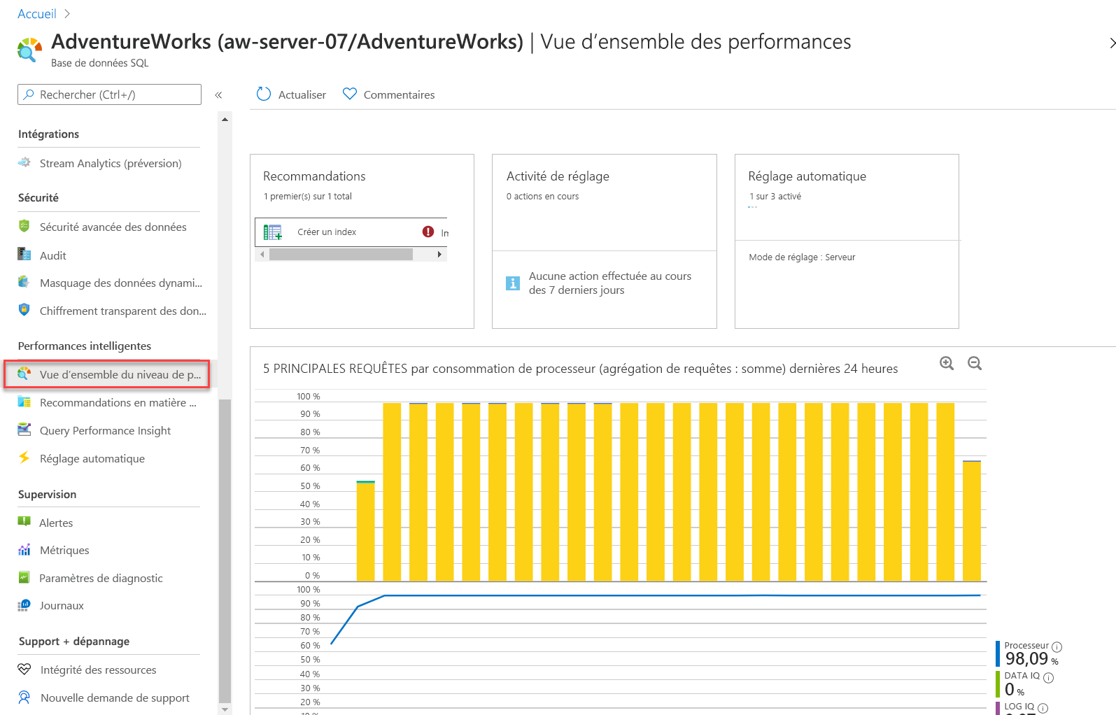 Capture d’écran de la vue d’ensemble des performances des requêtes.