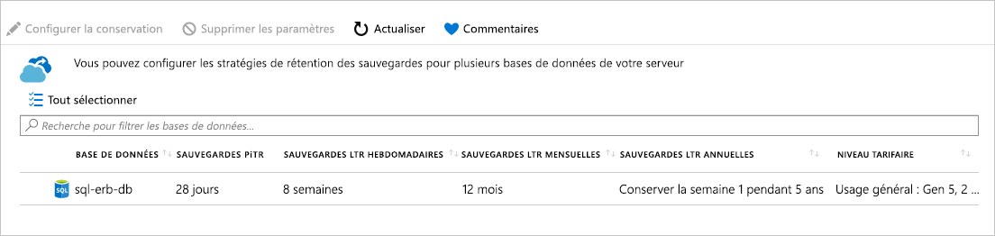 Capture d’écran des paramètres de stratégie de conservation à long terme une fois configurés.