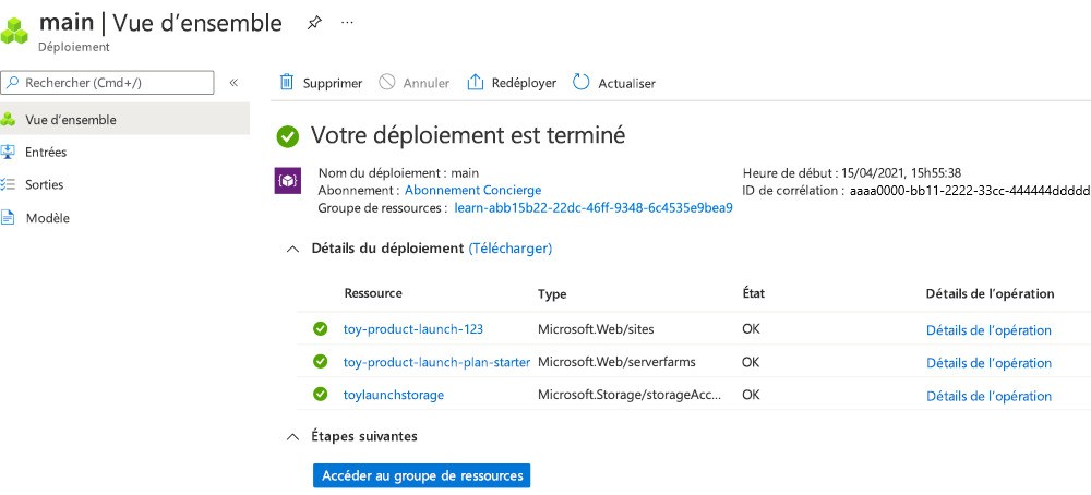 Capture d’écran montrant l’interface du portail Azure pour le déploiement spécifique, avec le compte de stockage et les ressources App Service listés.