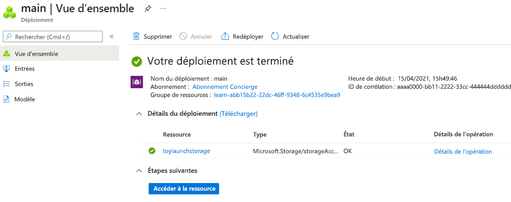 Capture d’écran de l’interface du portail Azure pour le déploiement spécifique avec une ressource de compte de stockage répertoriée.