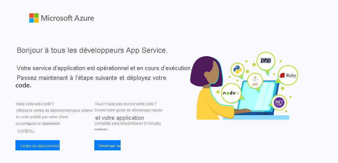 Capture d’écran de la page d’accueil d’App Service par défaut.