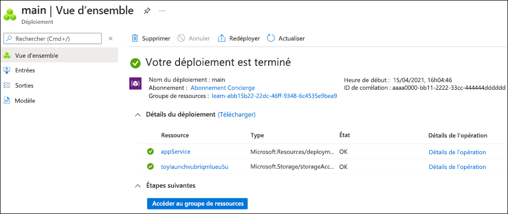 Capture d’écran de l’interface du portail Azure pour le déploiement spécifique avec une ressource répertoriée.