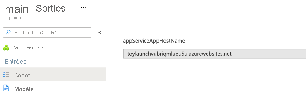 Capture d’écran de l’interface du portail Azure pour les sorties d’un déploiement spécifique.