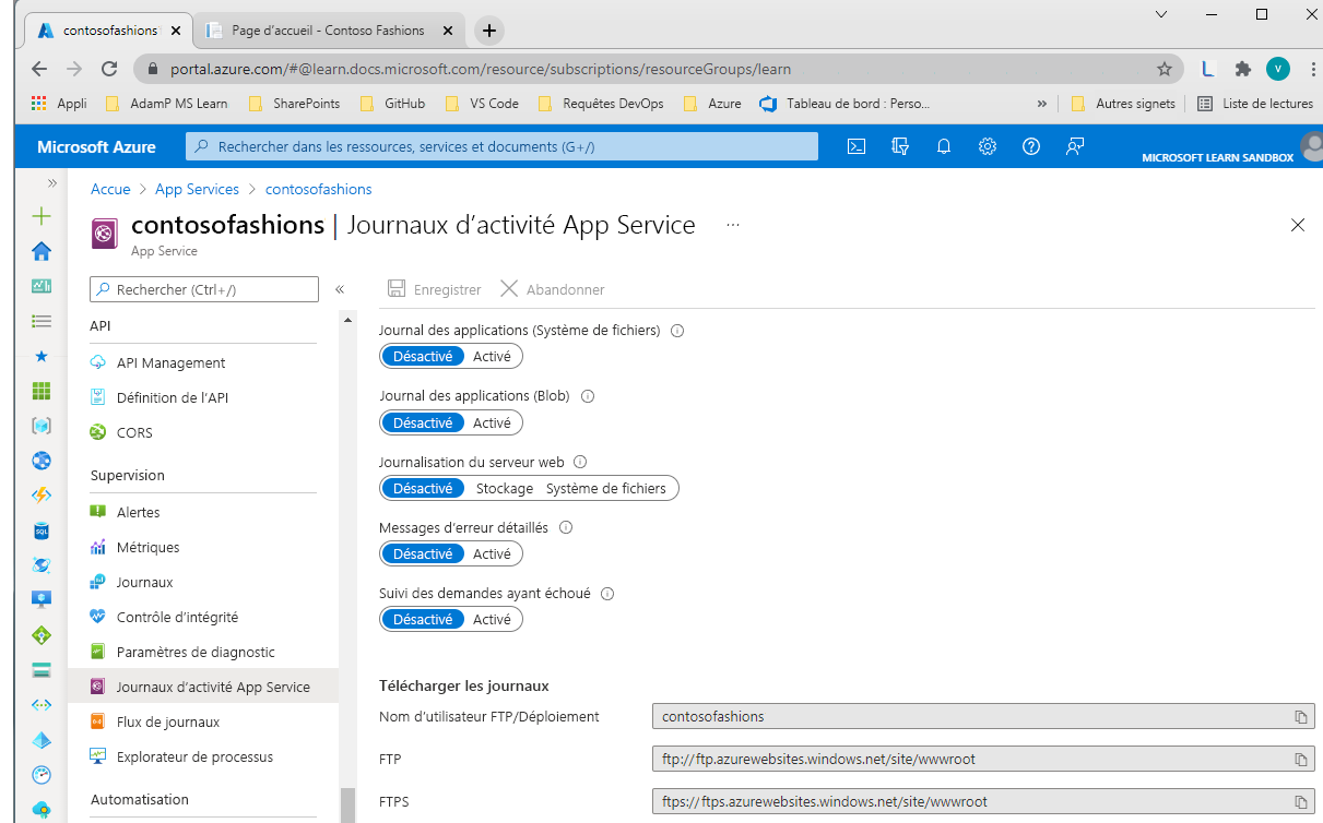 Screenshot of Diagnostics logs pane in the Azure portal.