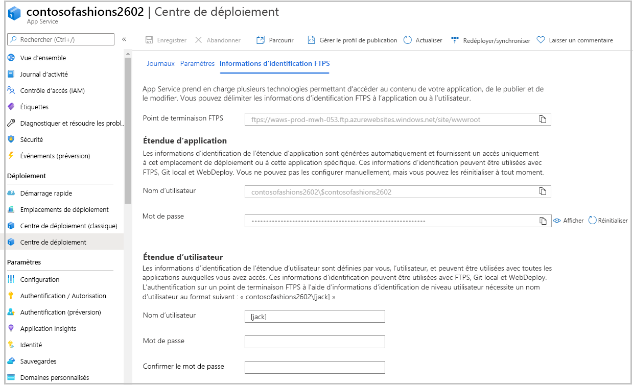 Screenshot of the App Service Deployment Center pane showing FTPS credentials tab.