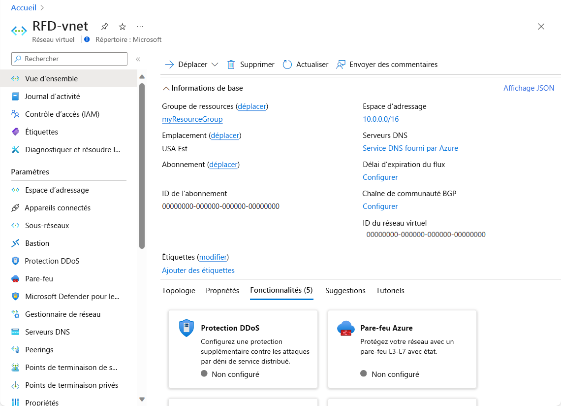 Screenshot of the Azure portal showing an example pane for configuring a virtual network.