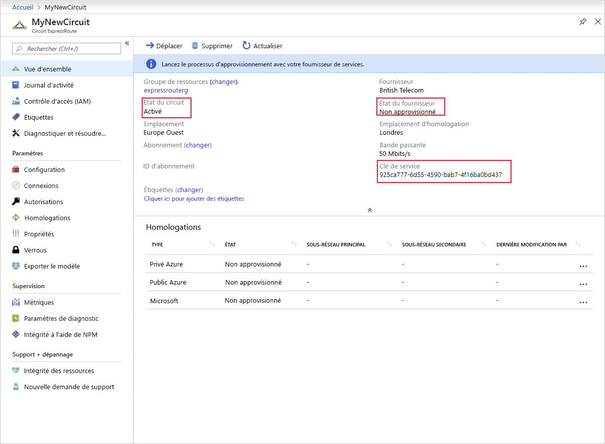 Screenshot of provisioning a circuit by using the Azure portal.