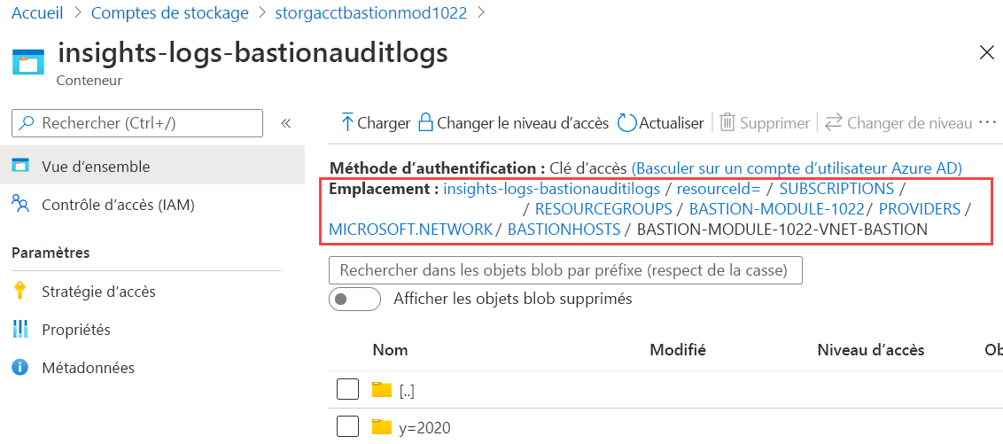 Capture d’écran des journaux d’insights pour Azure Bastion montrant le niveau de l’emplacement du dossier sur la ressource de l’hôte Azure Bastion.