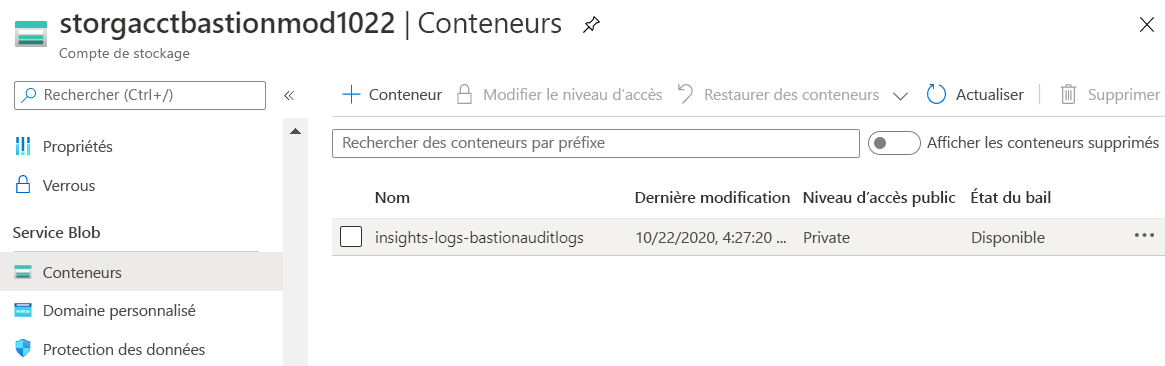 Capture d’écran d’un compte de stockage avec un conteneur appelé insights-logs-bastionauditlogs.