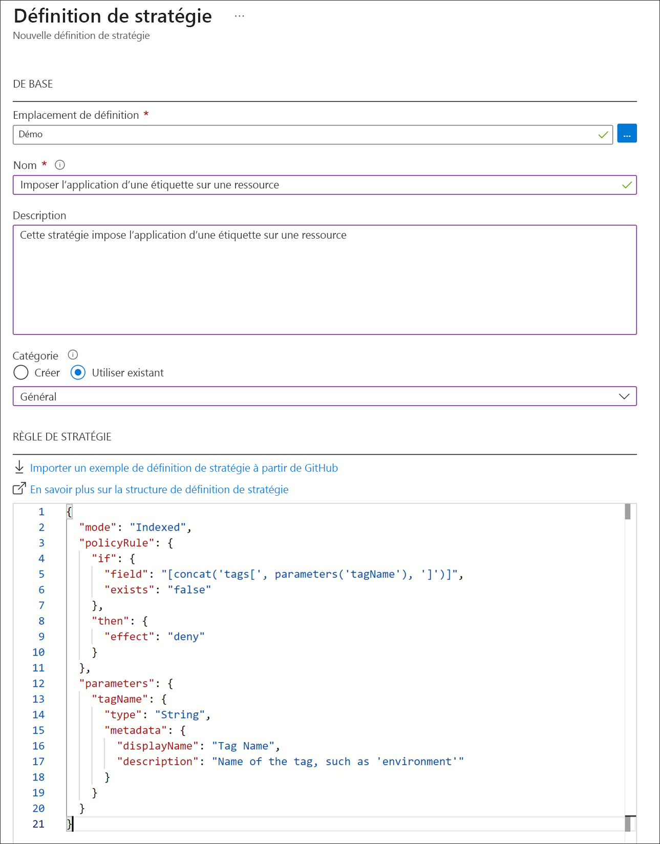 Screenshot of Azure portal showing the new policy definition dialog.