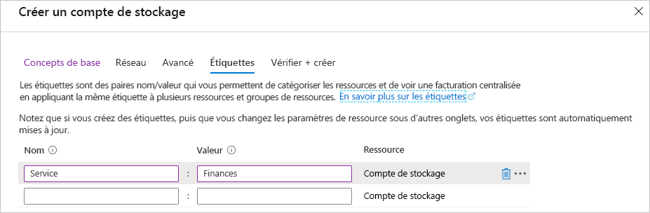 Screenshot of Azure portal showing a new Department tag to add during creation.