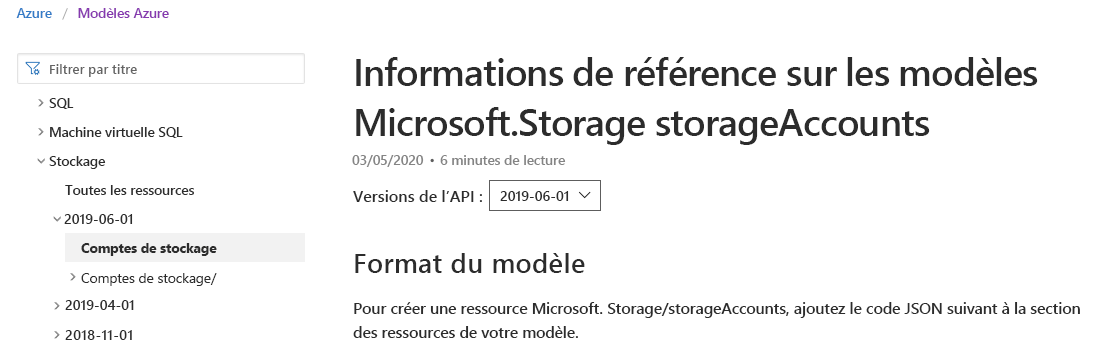 Capture d’écran d’une page de documentation Microsoft affichant la documentation sur le compte de stockage sélectionné.