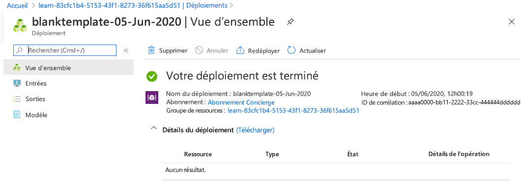 Interface du Portail Azure pour le déploiement spécifique sans aucune ressource répertoriée.