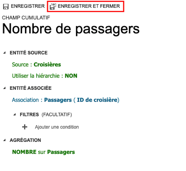 Capture d’écran du bouton Enregistrer et fermer permettant d’enregistrer le cumul.