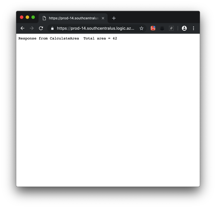 Capture d’écran du navigateur web affichant la réponse de notre application appelée calculateArea.