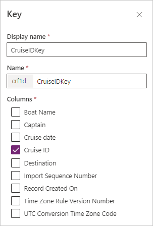 Capture d’écran de la table Clés avec la colonne ID croisière sélectionnée.