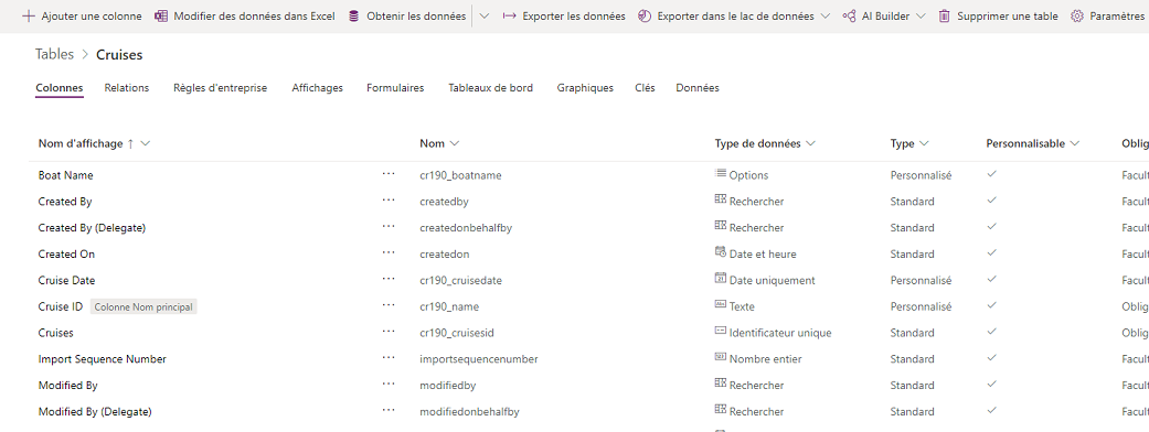 Capture d’écran de l’écran Tables > Croisières avec liste des colonnes dans une table.