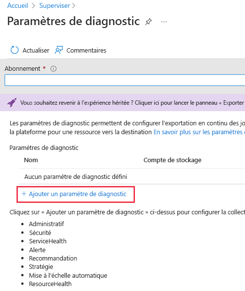 Screenshot that shows the Diagnostic settings pane and Add diagnostic setting selected.