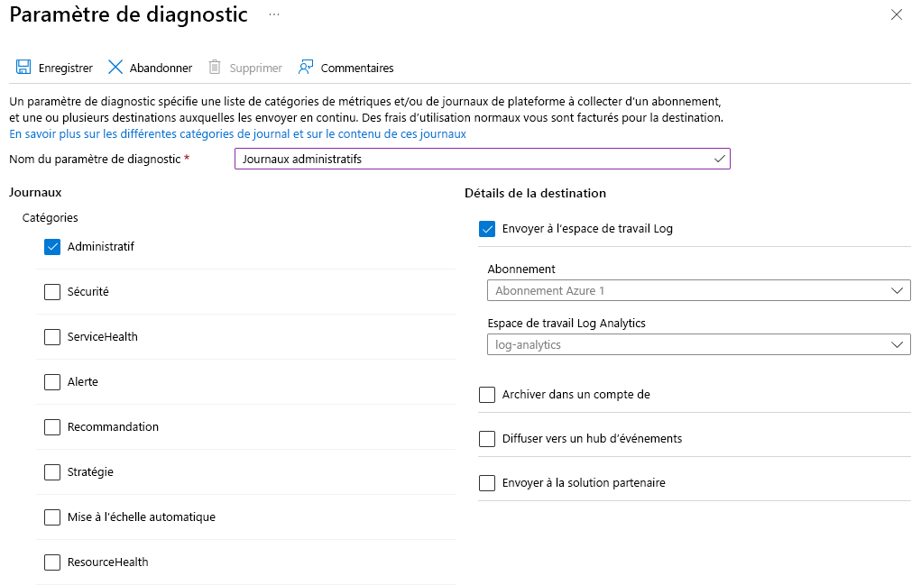 Screenshot that shows the Diagnostic settings creation pane and options selected.