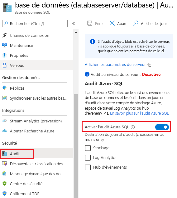 Screenshot that shows how to turn on auditing for Azure SQL databases.