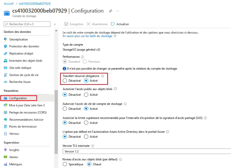 Screenshot that shows the secure transfer storage setting in the Azure portal.