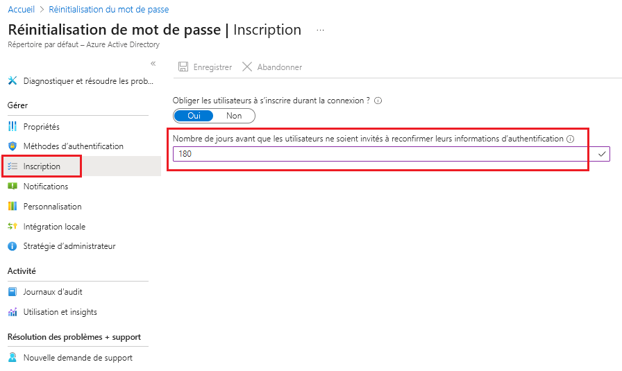 Screenshot of the Azure portal that shows the form for number of days to reconfirm authentication information.