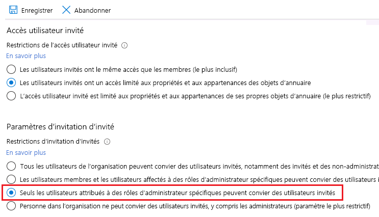 Screenshot that shows the Guest invite settings with Only users assigned to specific admin roles can invite guest users selected.