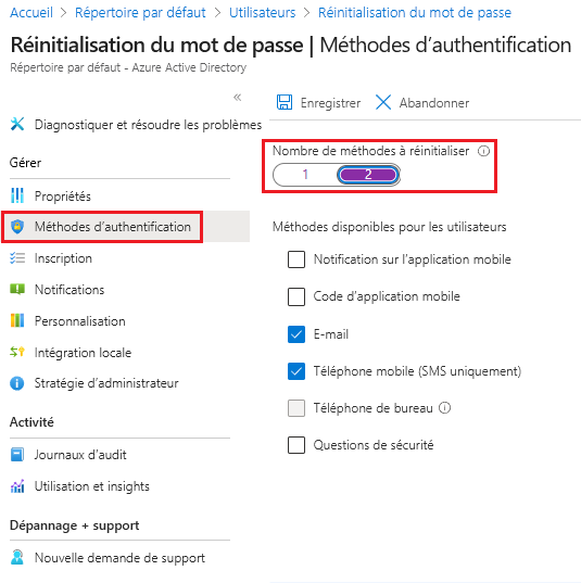 Screenshot of the Azure portal that shows the Microsoft Entra password reset authentication methods pane with number of methods required to reset set to 2.