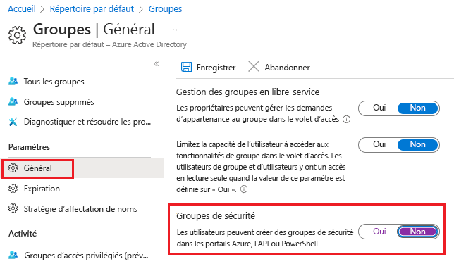 Screenshot that shows the Groups General settings pane, with the Users can create security groups option set to No.