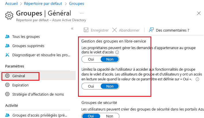 Screenshot that shows Microsoft Entra self-service group options set to No.