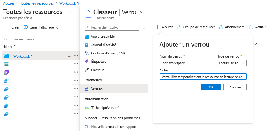 Screenshot that shows how to lock a resource in the Azure portal.