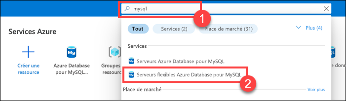 Capture d’écran de la barre de recherche en haut du portail montrant les résultats de la recherche de mysql.