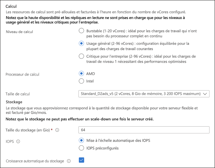 Capture d’écran des sections Compute et Stockage de la page de déploiement du serveur flexible du Portail Azure Compute + Stockage.