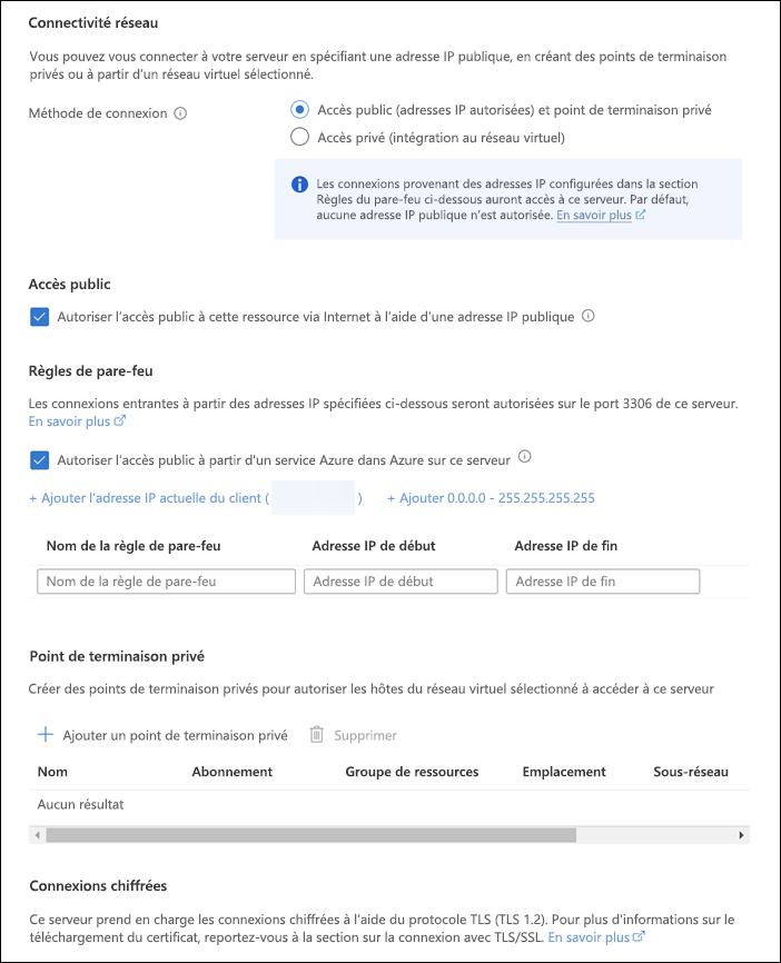 Capture d’écran de l’onglet Connectivité réseau affichant les options de la méthode de connectivité, des règles de pare-feu, etc.