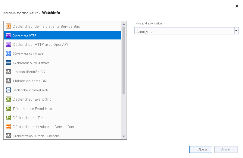 Capture d’écran de la fenêtre Nouvelle fonction Azure. Le déclencheur HTTP avec des droits d’accès Anonymes est sélectionné.