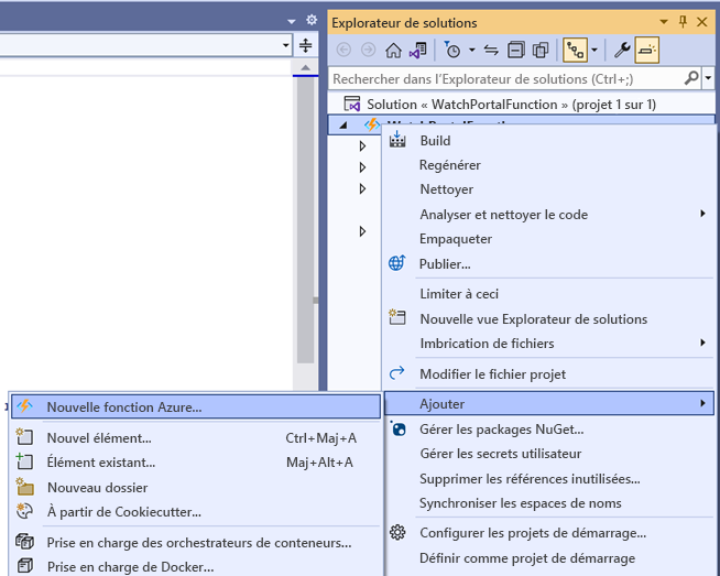 Capture d’écran de la fenêtre Explorateur de solutions. L’utilisateur a sélectionné Ajouter-> Nouvelle fonction Azure.