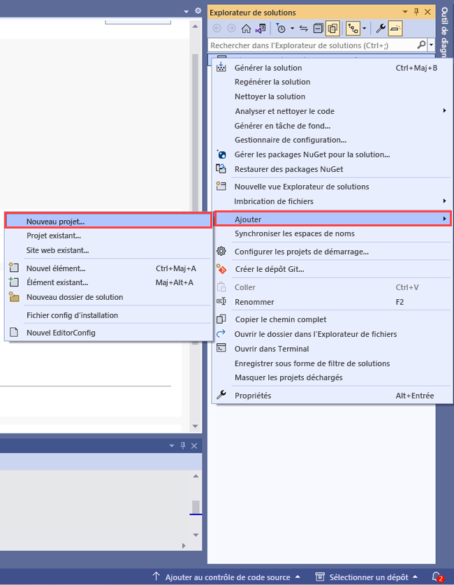 Capture d’écran de l’Explorateur de solutions avec la commande Ajouter un nouveau projet à la solution.