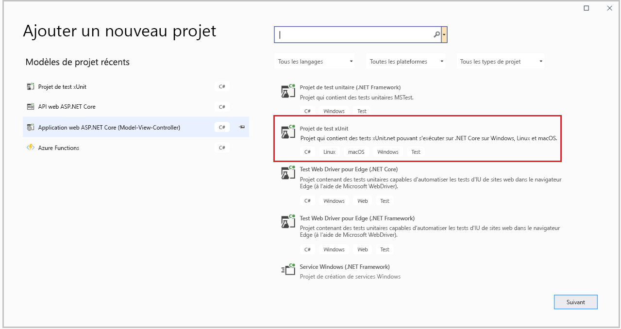 Capture d’écran de la fenêtre Ajouter un nouveau projet. Le modèle de projet de test xUnit est sélectionné.