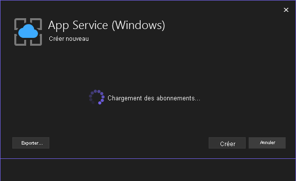 Capture d’écran du chargement des informations des abonnements dans le workflow de création d’une instance App Service.