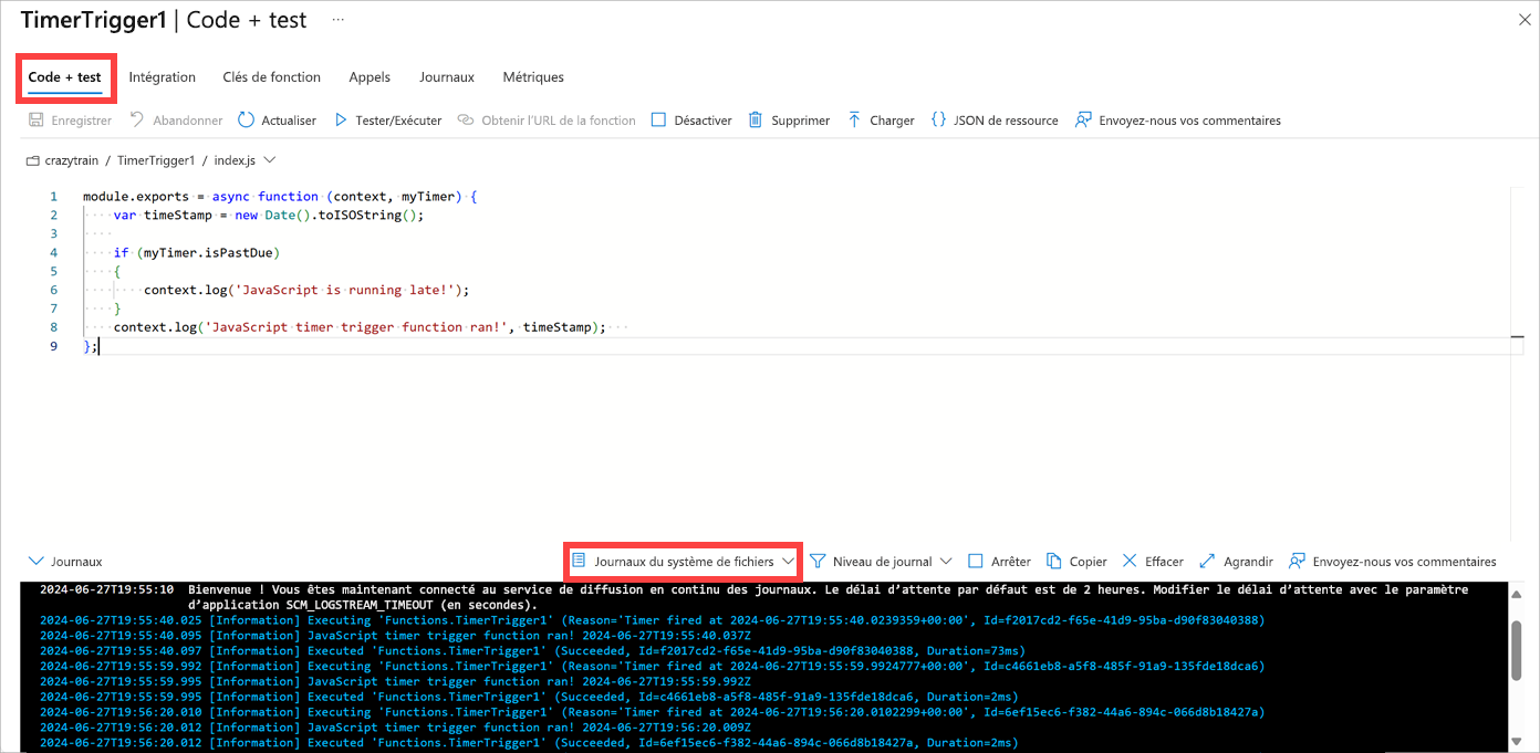 Capture d’écran montrant le volet Code + Test de la fonction avec le journal du système de fichiers affiché.