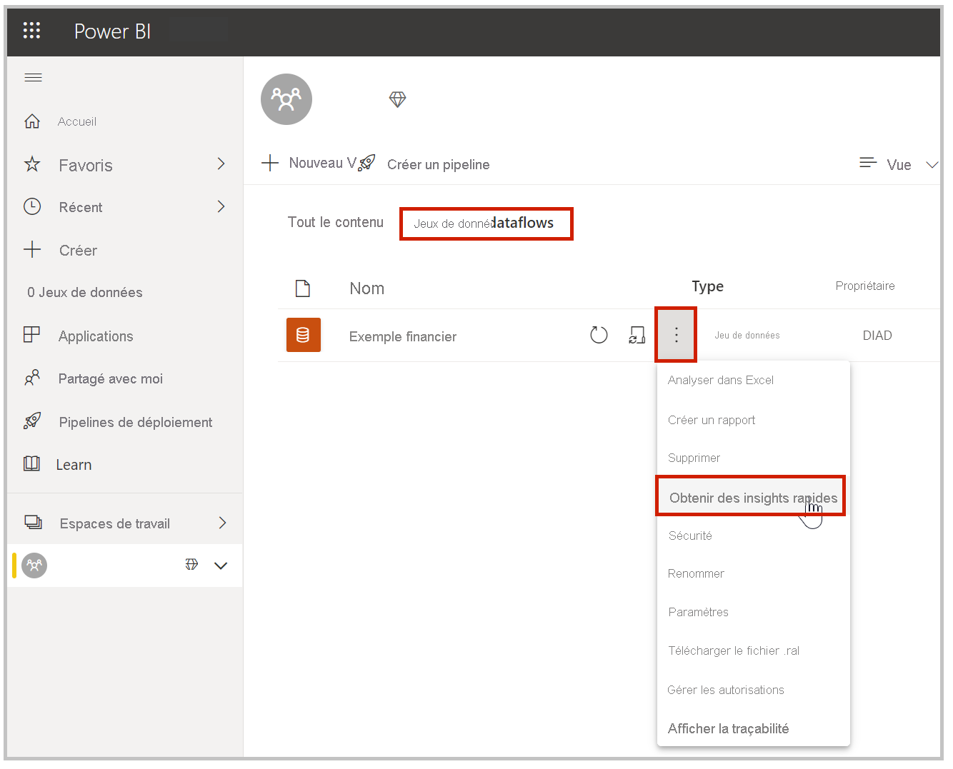 Capture d’écran montrant Mon espace de travail, l’onglet Jeux de données, les points de suspension et Obtenir des insights rapides.