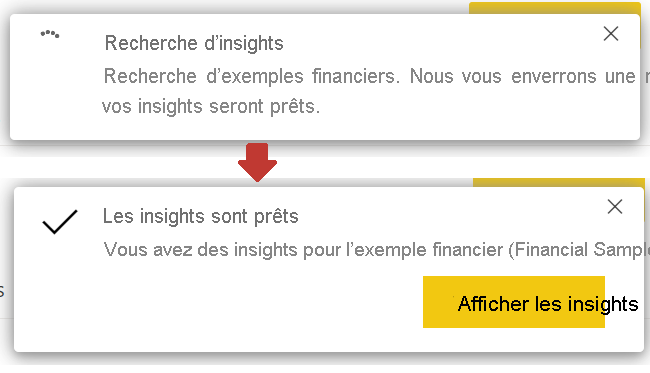 Capture d’écran des messages Recherche d’insights et Les insights sont prêts.